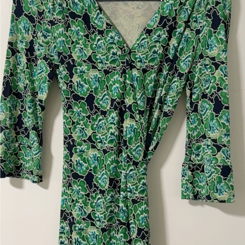Diane Von Furstenberg Green and Blue Floral Silk Dress Midi length